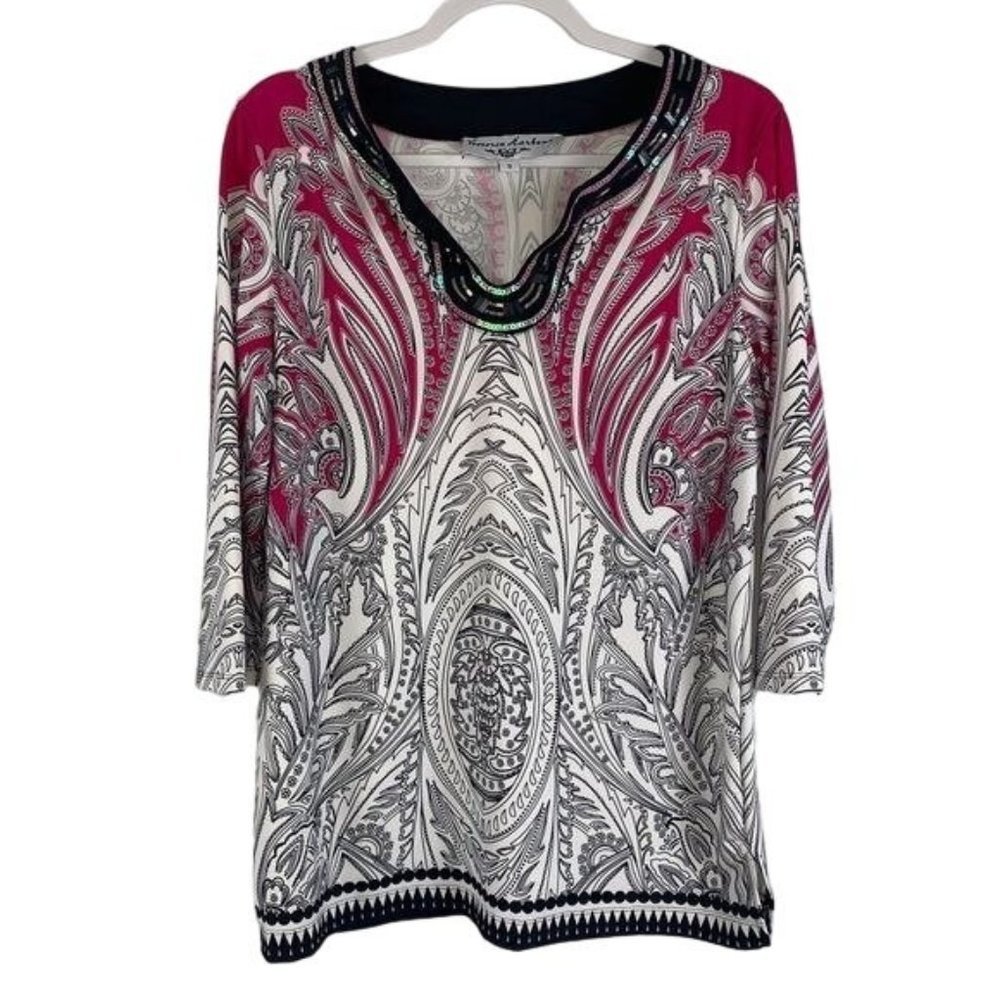Victoria Harbour Women Pink Sequin Floral 3/4 Sleeve Boho‎ Tunic Blouse Sz Small
